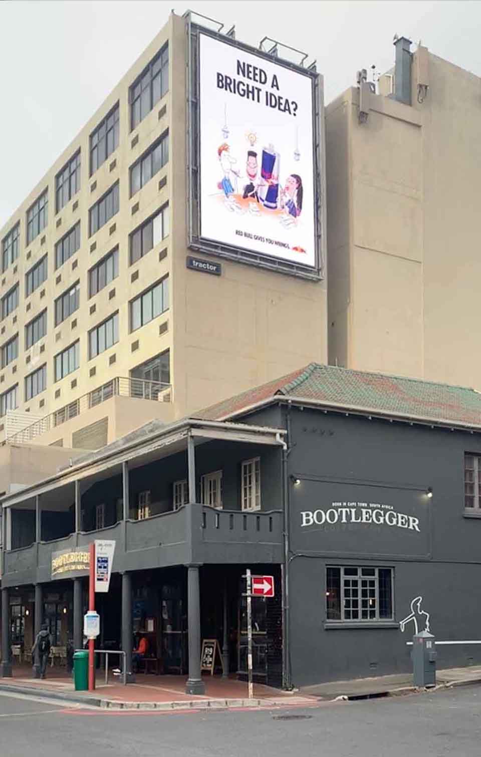 Mounted Large Format Screen above Bootleggers Coffee Company in Cape Town